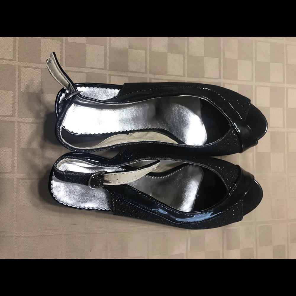 Black Glitter Leather Heels 3” Open Toed Strap